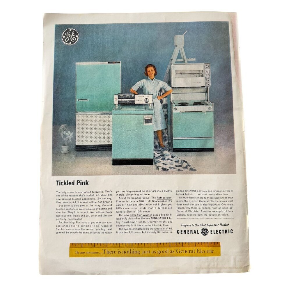 Vintage 1962 GE Appliances Refrigerator Washer Tickled Pink Advertisement Print
